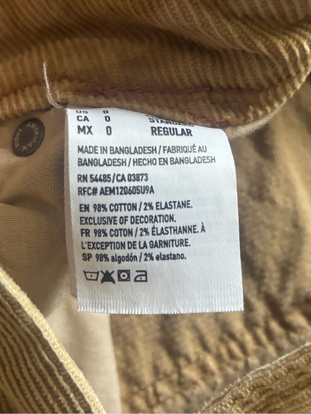 American Eagle Stretch Tan Straight Corduroy 0R - Picture 4 of 4